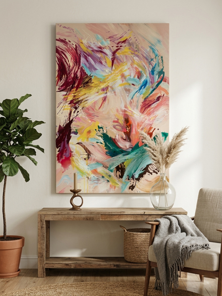 Interior visualisation with an abstract painting above a console